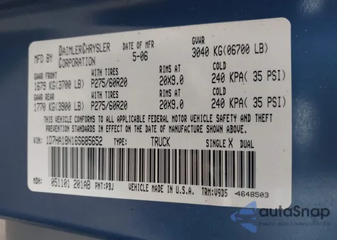 2006 Dodge Ram 1500 Slt из США, поврежденный, VIN 1D7HA18N16S685652